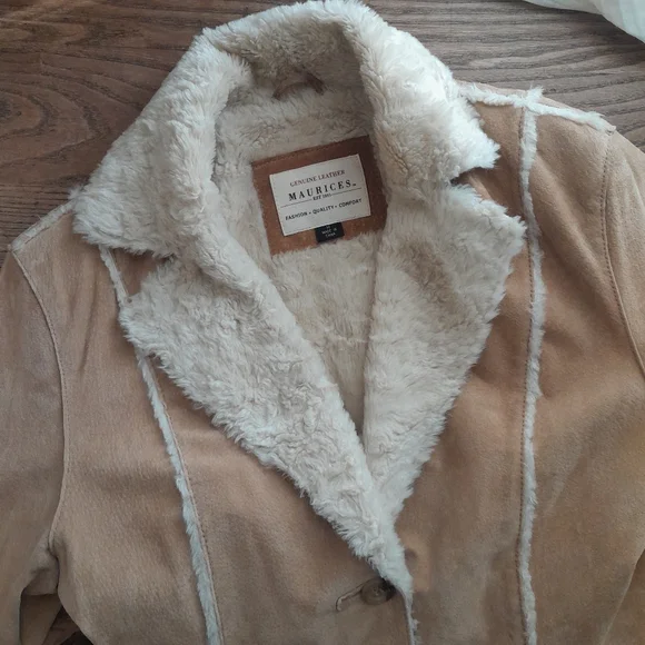175a. vintage tan Maurices leather y2k Penny Lane coat with faux fur trim, M - Picture 6 of 7